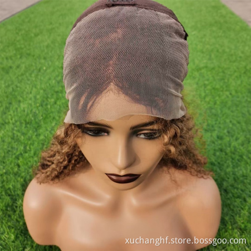 Highlight Honey Brown Color Kinky Curly Human Hair Lace Front Wig Virgin Brazilian Hair Highlight Wig Transparent HD Frontal Wig
